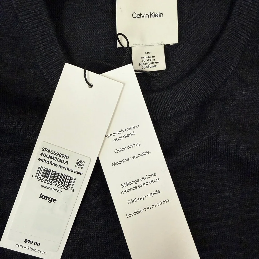 NWT Calvin Klein Mens Merino Wool Crewneck Sweater Size Large Classic Gunmetal